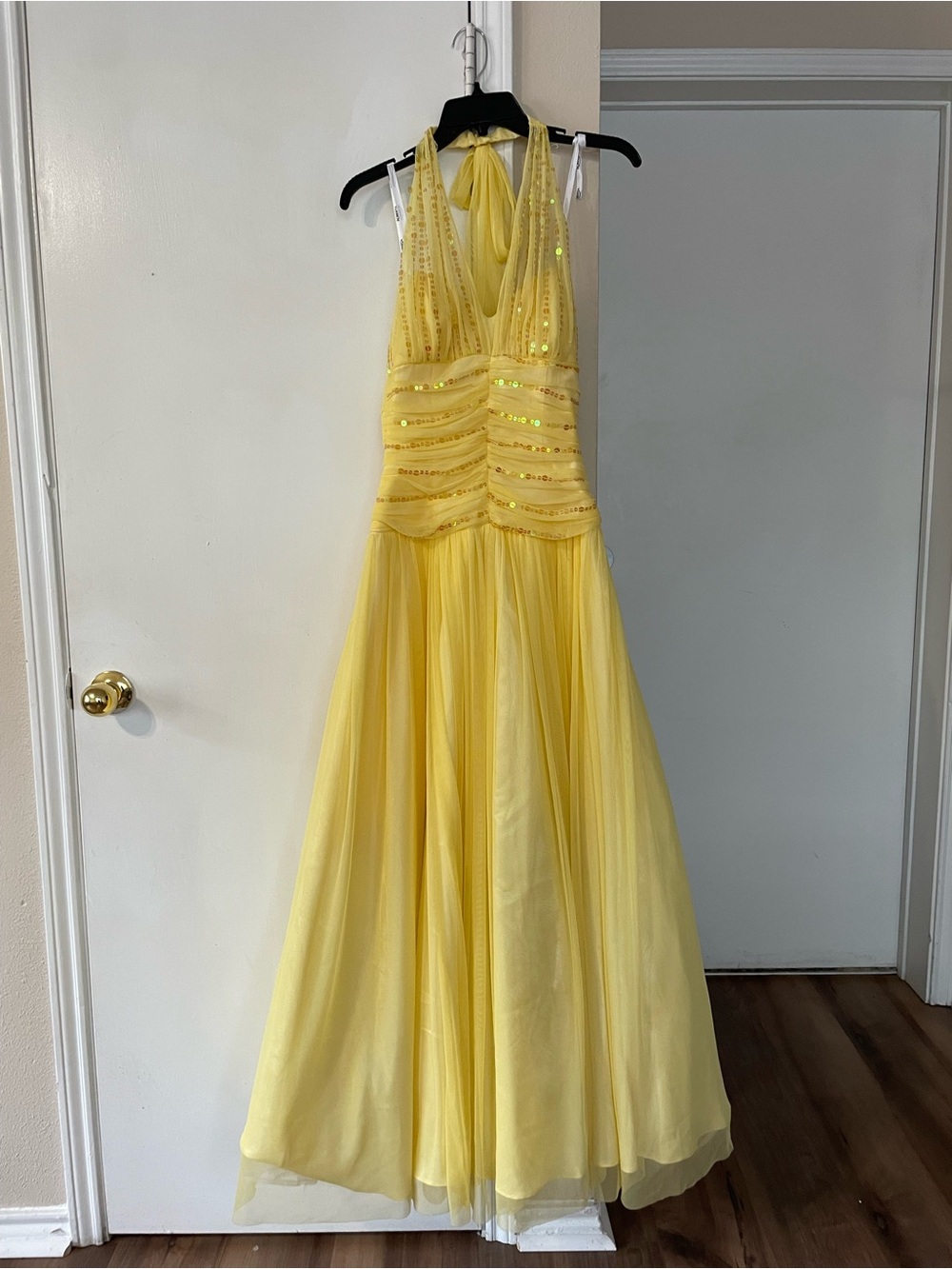 Roberta Bridal Yellow Halter Sequin Prom Gown